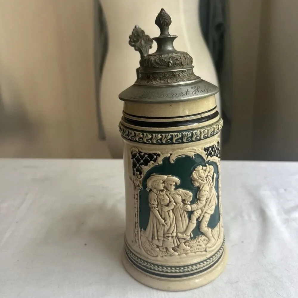 Vintage Antique German Beer Stein Lidded Pewter Engraved “Ernst Huf”  0.5L